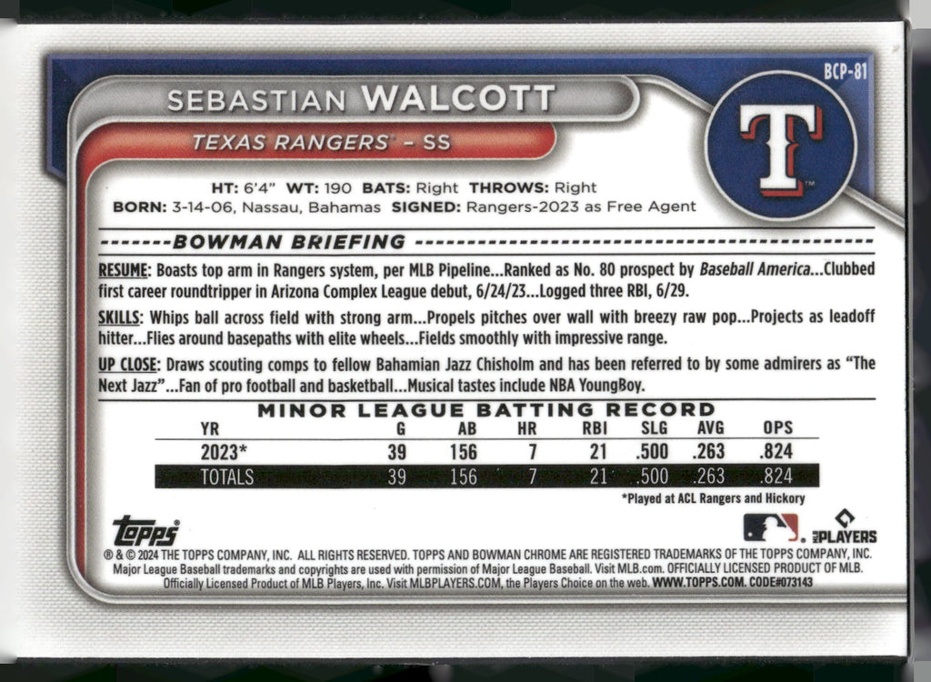 2024 Bowman #BCP-81 Sebastian Walcott Chrome Prospects