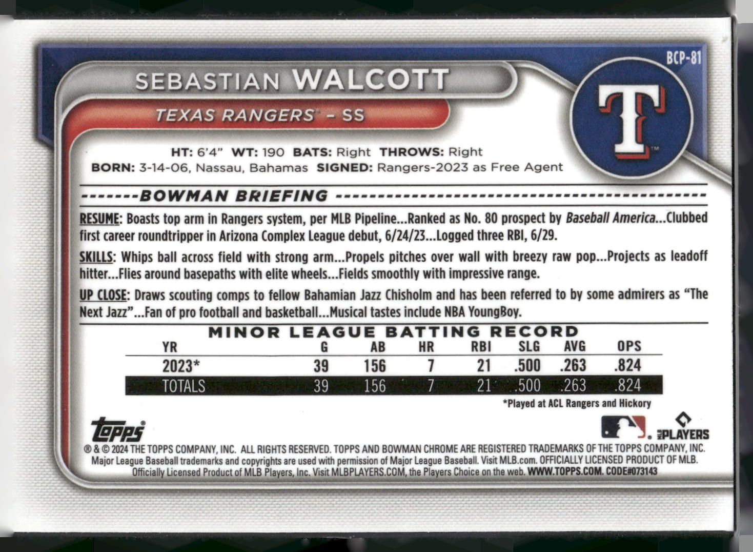 2024 Bowman #BCP-81 Sebastian Walcott Chrome Prospects