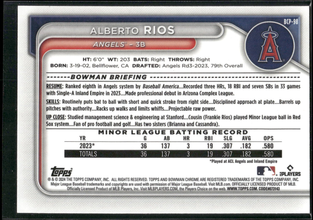 2024 Bowman #BCP-98 Alberto Rios Chrome Prospects