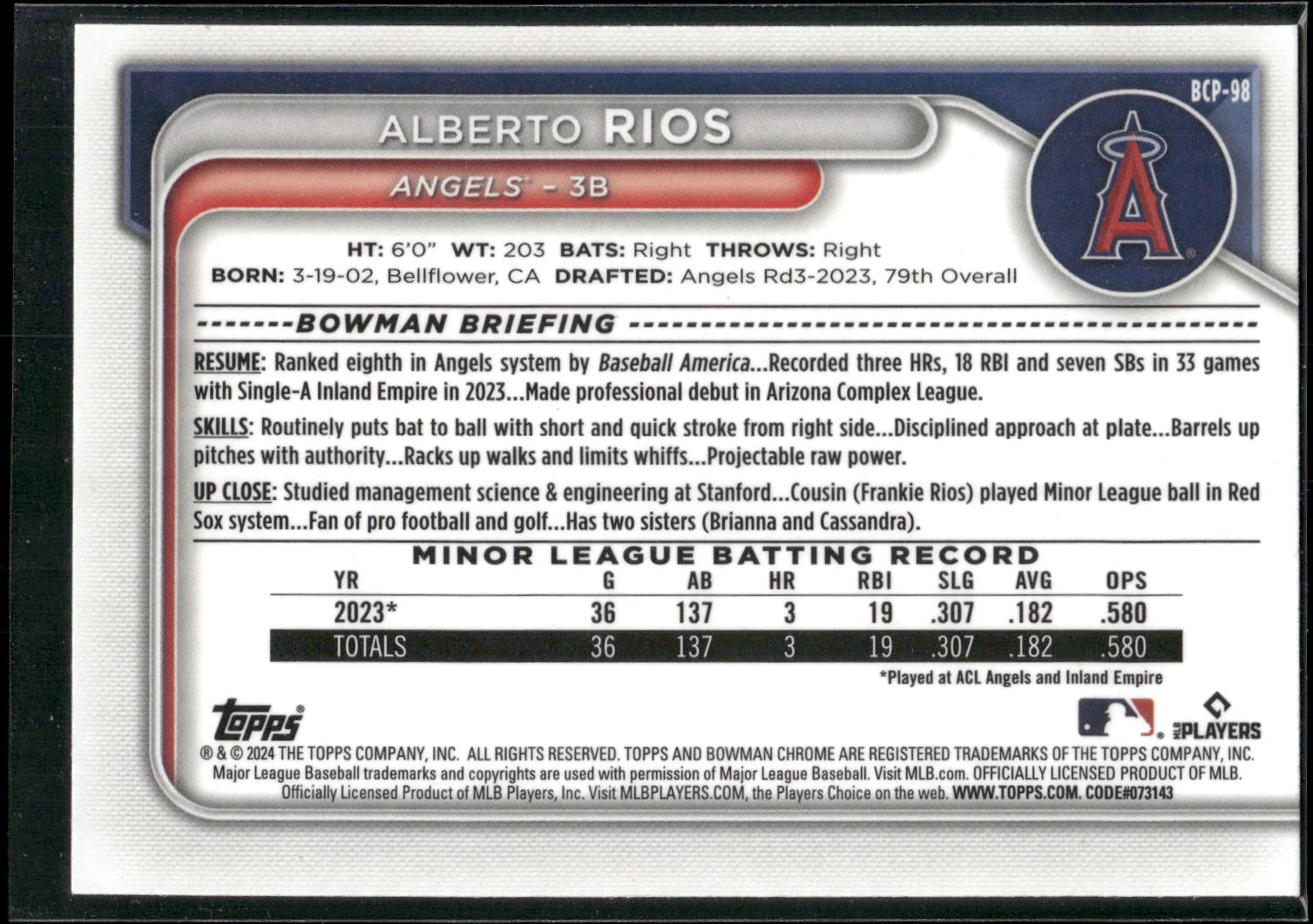 2024 Bowman #BCP-98 Alberto Rios Chrome Prospects
