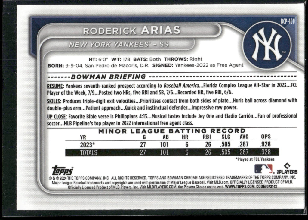 2024 Bowman #BCP-100 Roderick Arias Chrome Prospects