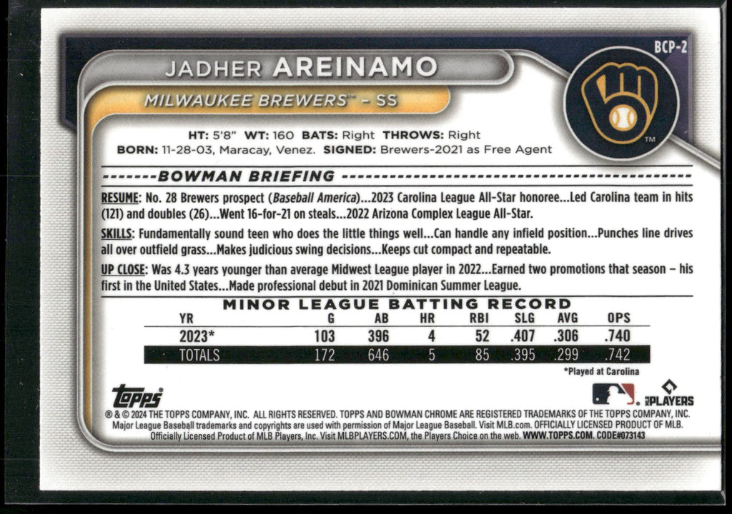 2024 Bowman #BCP-2 Jadher Areinamo Chrome Prospects