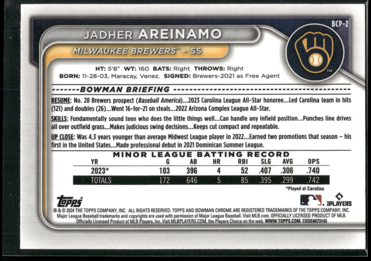2024 Bowman #BCP-2 Jadher Areinamo Chrome Prospects