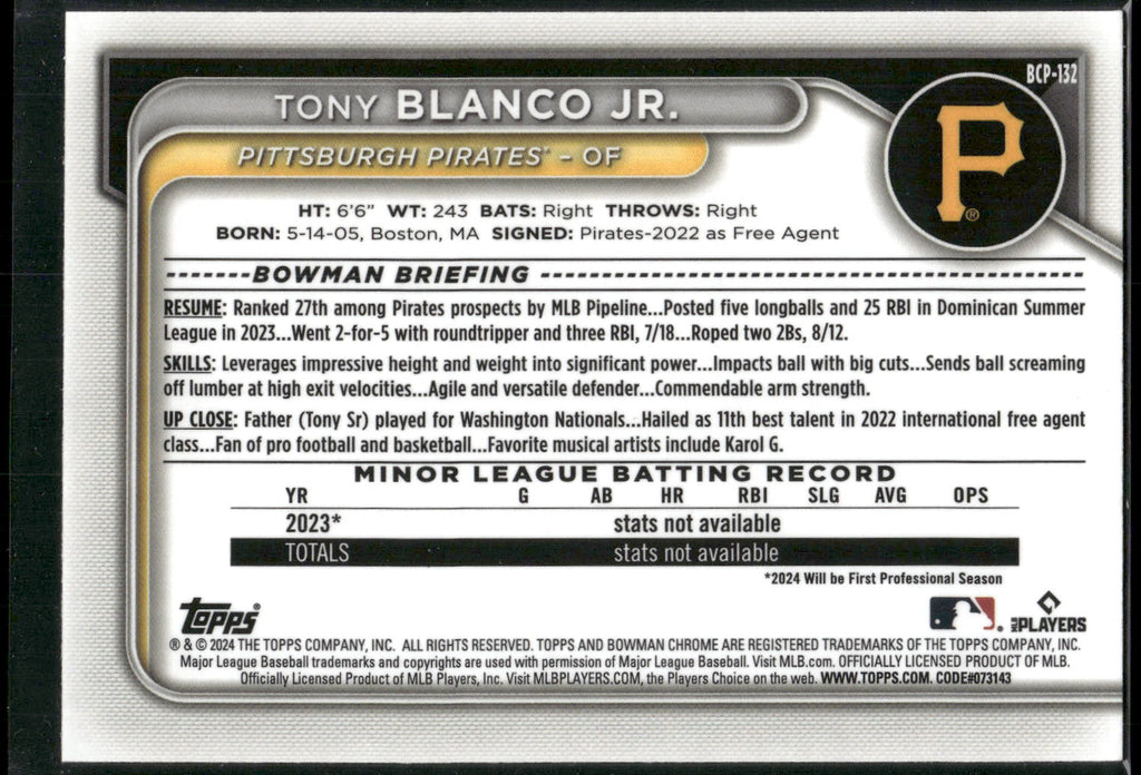 2024 Bowman #BCP-132 Tony Blanco Jr. Chrome Prospects