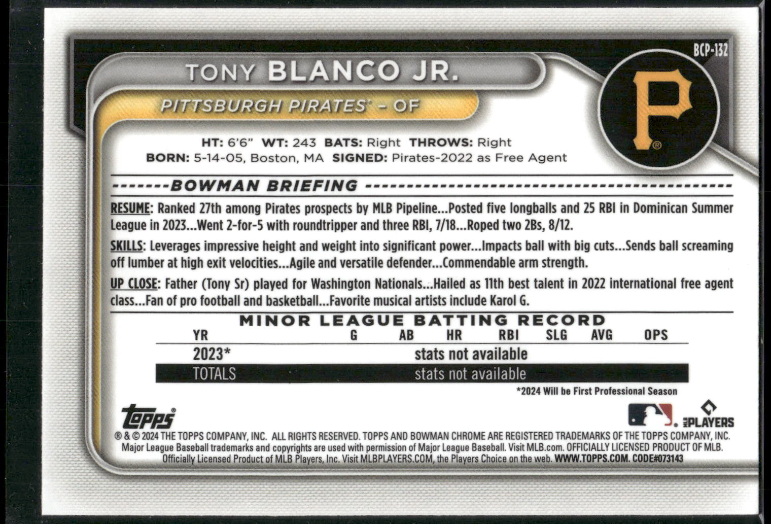 2024 Bowman #BCP-132 Tony Blanco Jr. Chrome Prospects