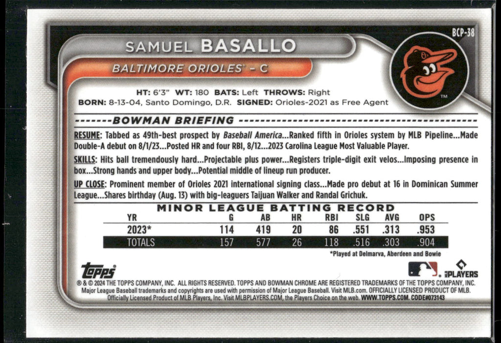 2024 Bowman #BCP-38 Samuel Basallo Chrome Prospects