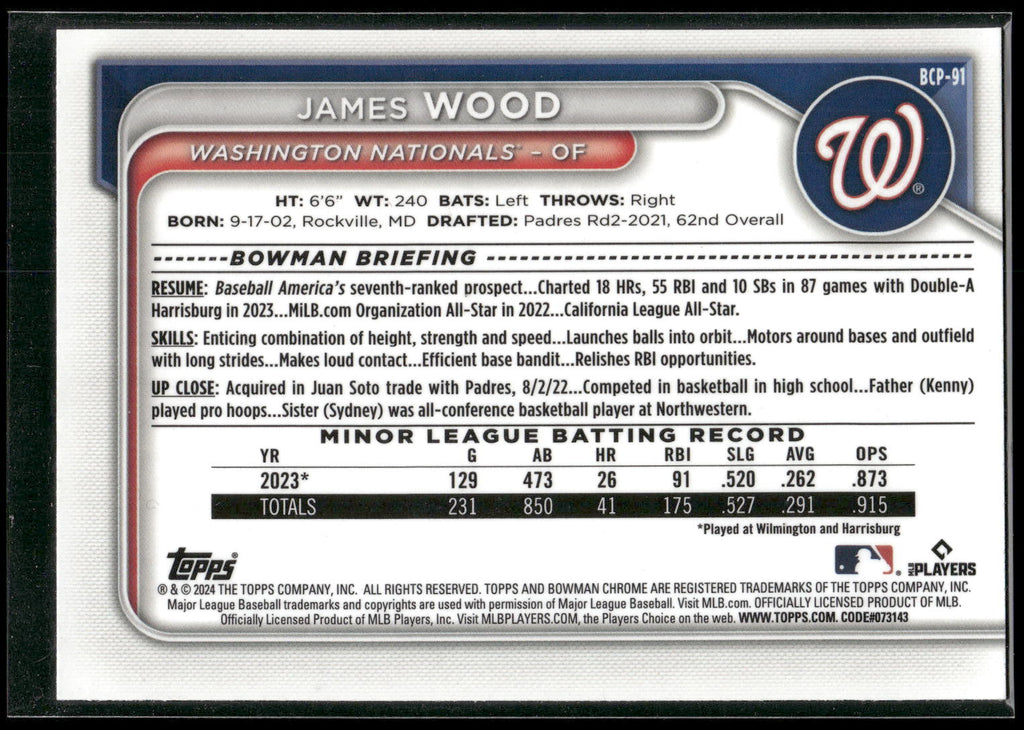 2024 Bowman #BCP-91 James Wood Chrome Prospects