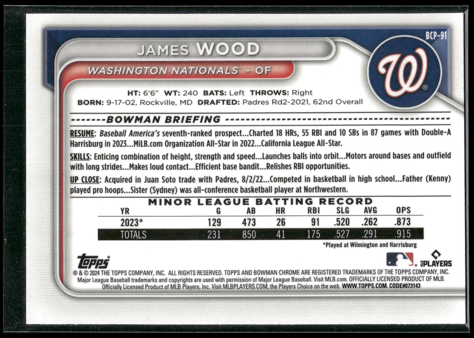 2024 Bowman #BCP-91 James Wood Chrome Prospects