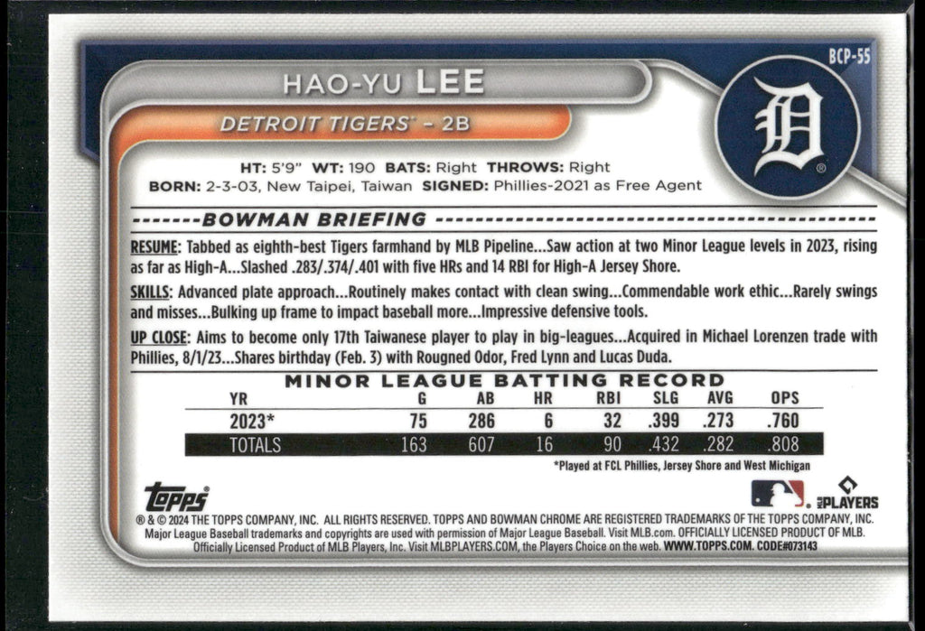 2024 Bowman #BCP-55 Hao-Yu Lee Chrome Prospects