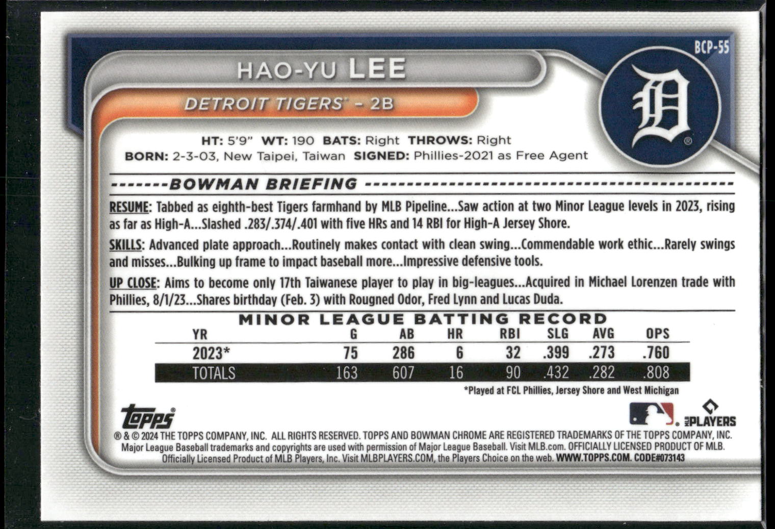 2024 Bowman #BCP-55 Hao-Yu Lee Chrome Prospects