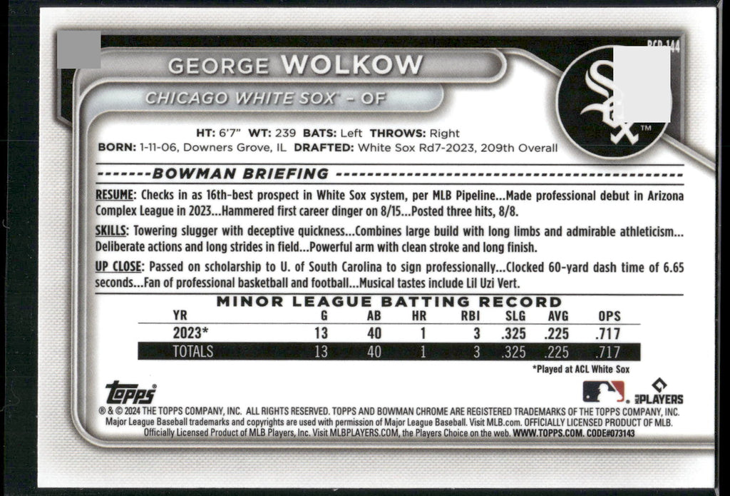 2024 Bowman #BCP-144 George Wolkow Chrome Prospects