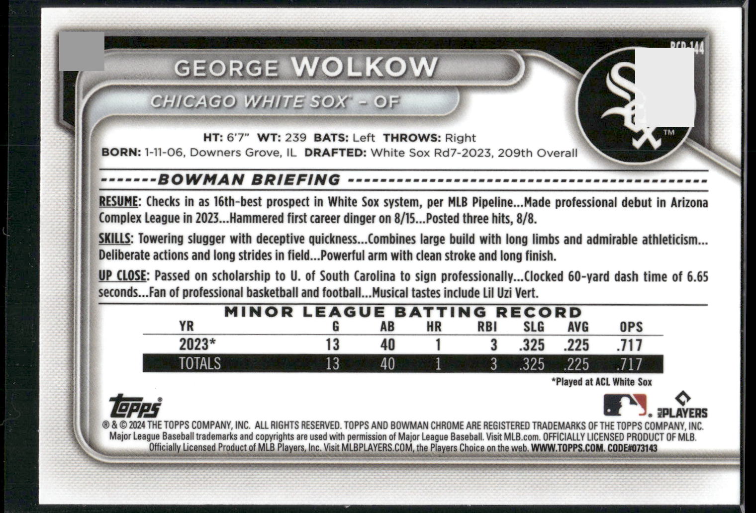 2024 Bowman #BCP-144 George Wolkow Chrome Prospects