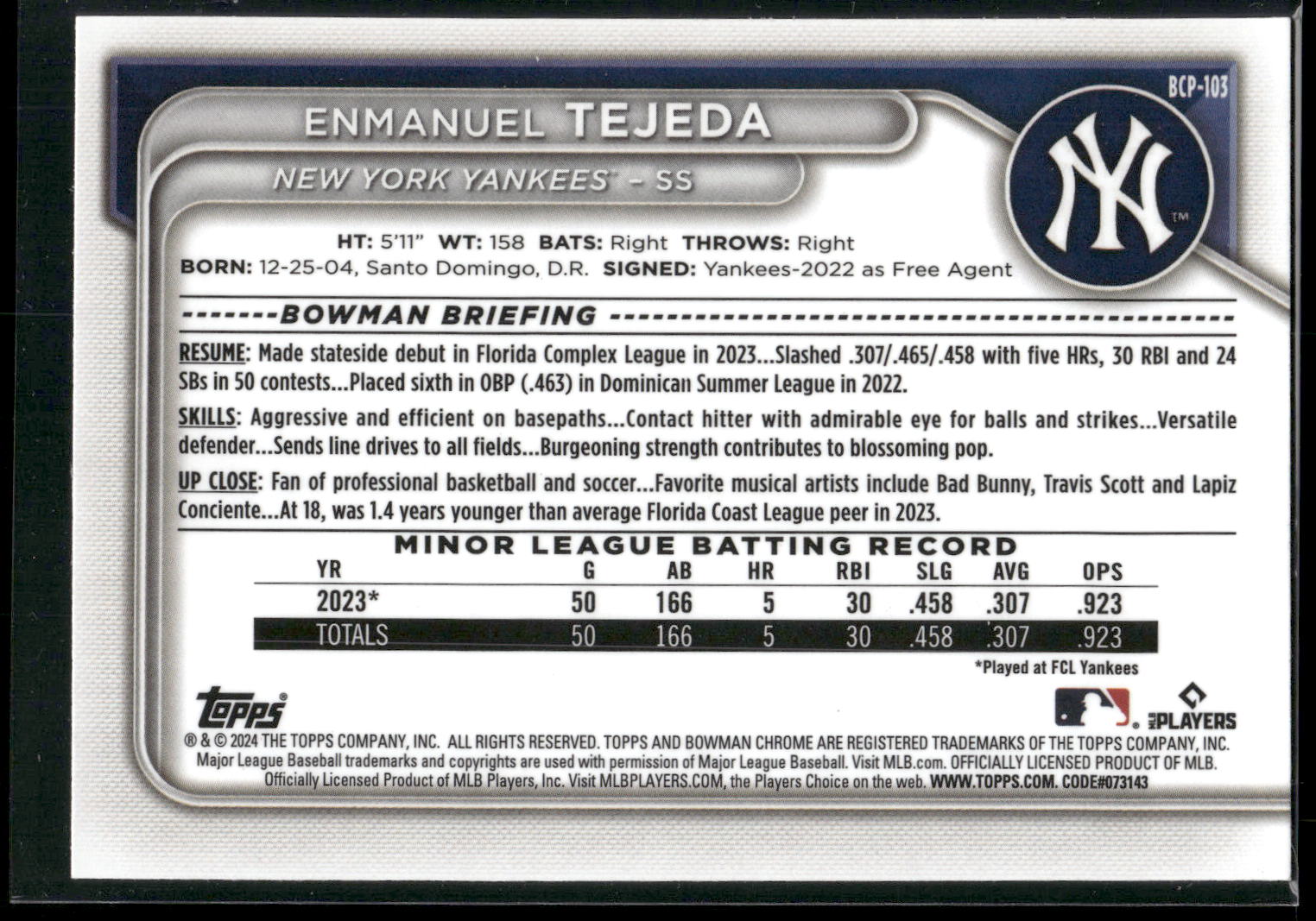 2024 Bowman #BCP-103 Enmanuel Tejeda Chrome Prospects