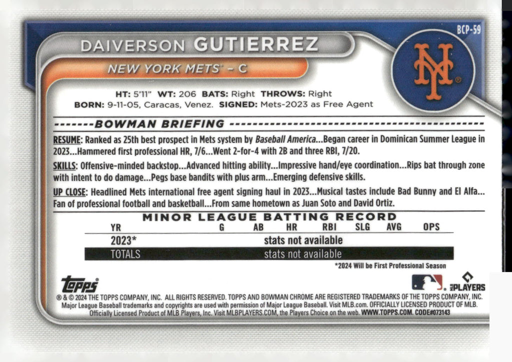 2024 Bowman #BCP-59 Daiverson Gutierrez Chrome Prospects