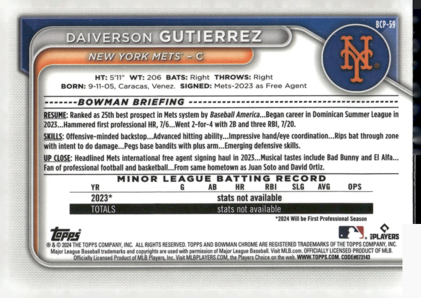 2024 Bowman #BCP-59 Daiverson Gutierrez Chrome Prospects