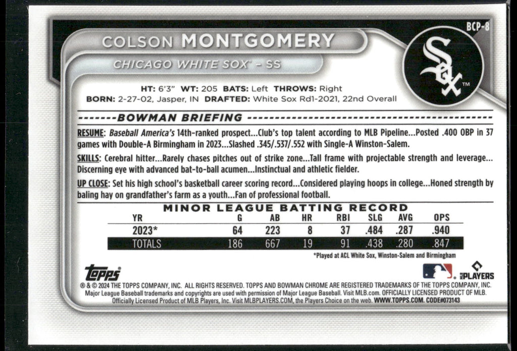 2024 Bowman #BCP-8 Colson Montgomery Chrome Prospects
