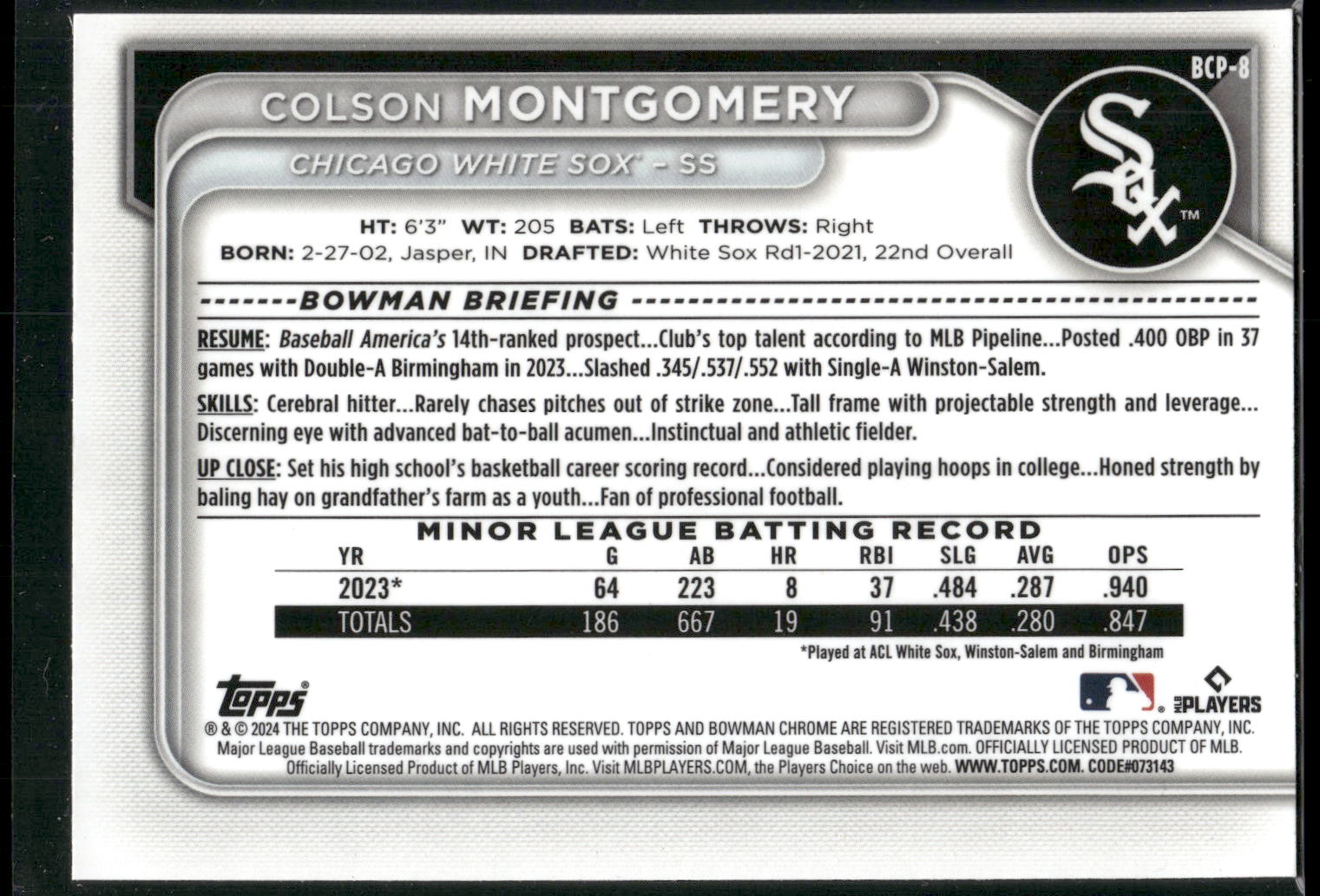 2024 Bowman #BCP-8 Colson Montgomery Chrome Prospects