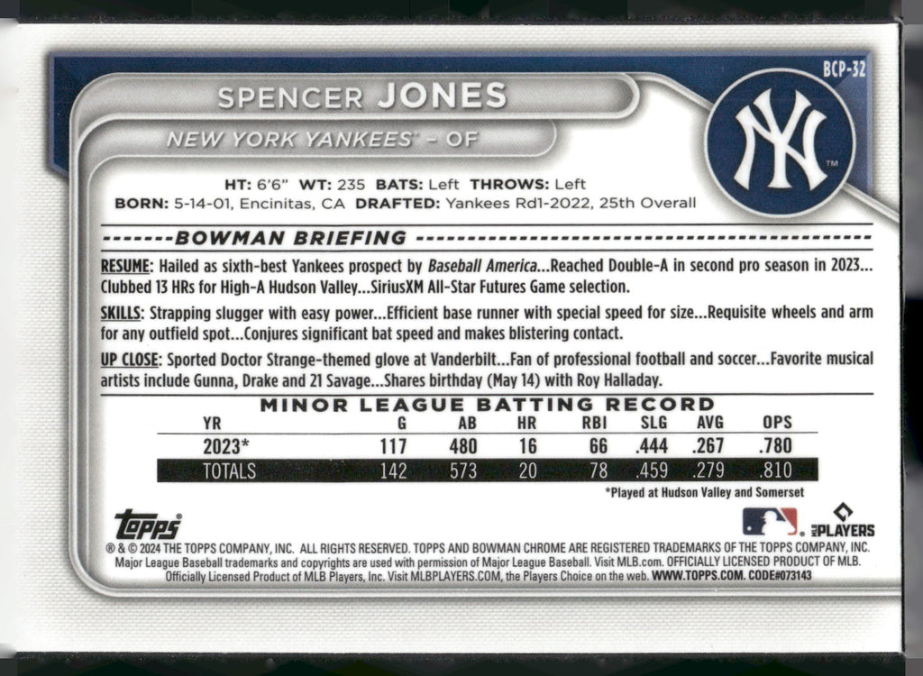 2024 Bowman #BCP-32 Spencer Jones Chrome Prospects