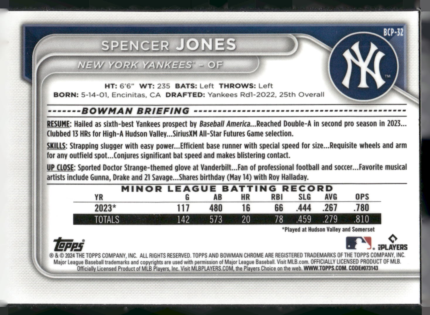 2024 Bowman #BCP-32 Spencer Jones Chrome Prospects