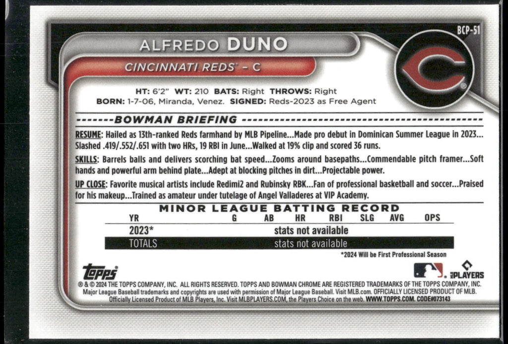2024 Bowman #BCP-51 Alfredo Duno Chrome Prospects