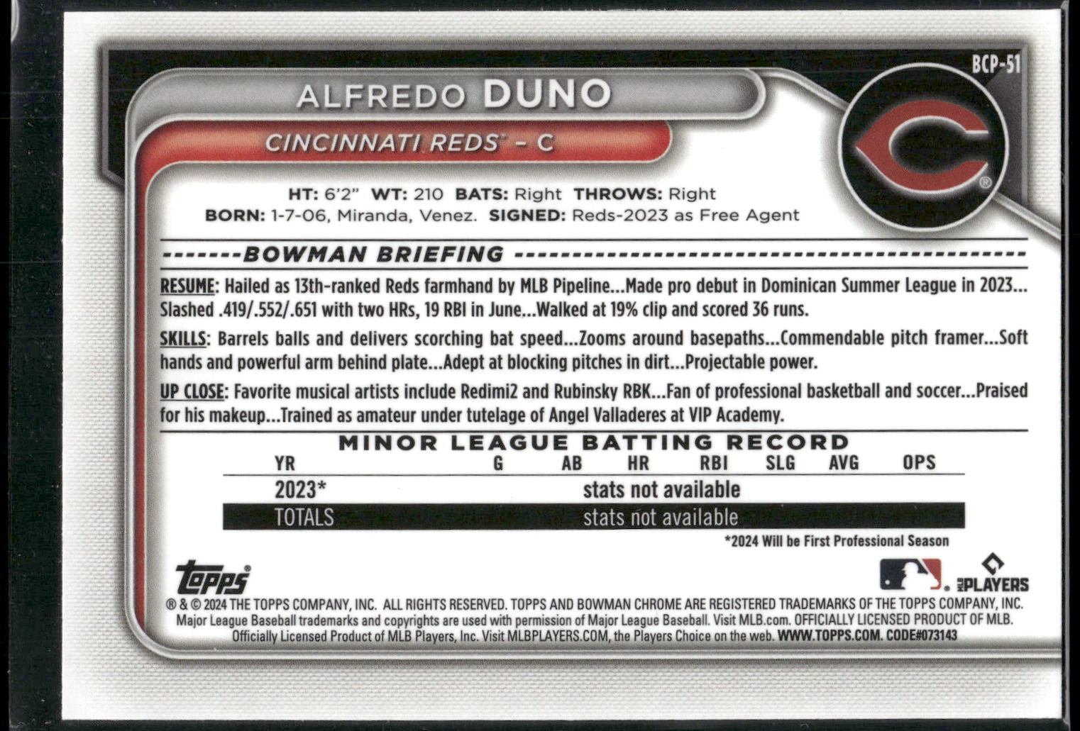 2024 Bowman #BCP-51 Alfredo Duno Chrome Prospects
