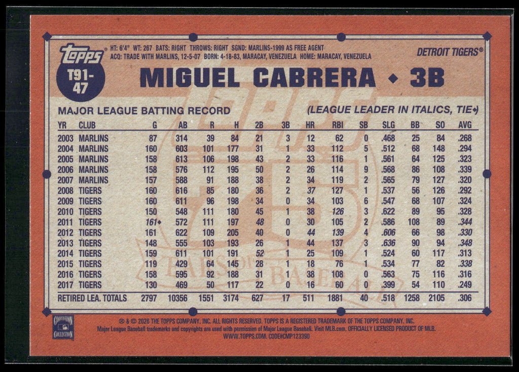 2026 Topps #T91-47 Miguel Cabrera 1991 Topps Baseball 35th