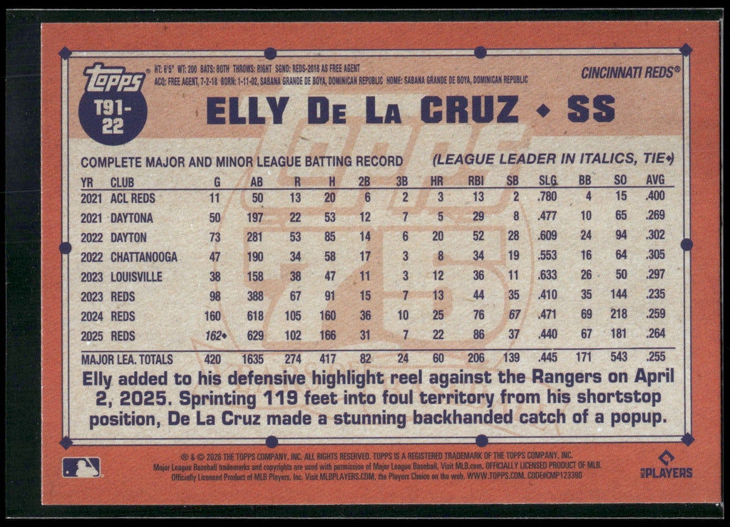 2026 Topps #T91-22 Elly De La Cruz 1991 Topps Baseball 35th