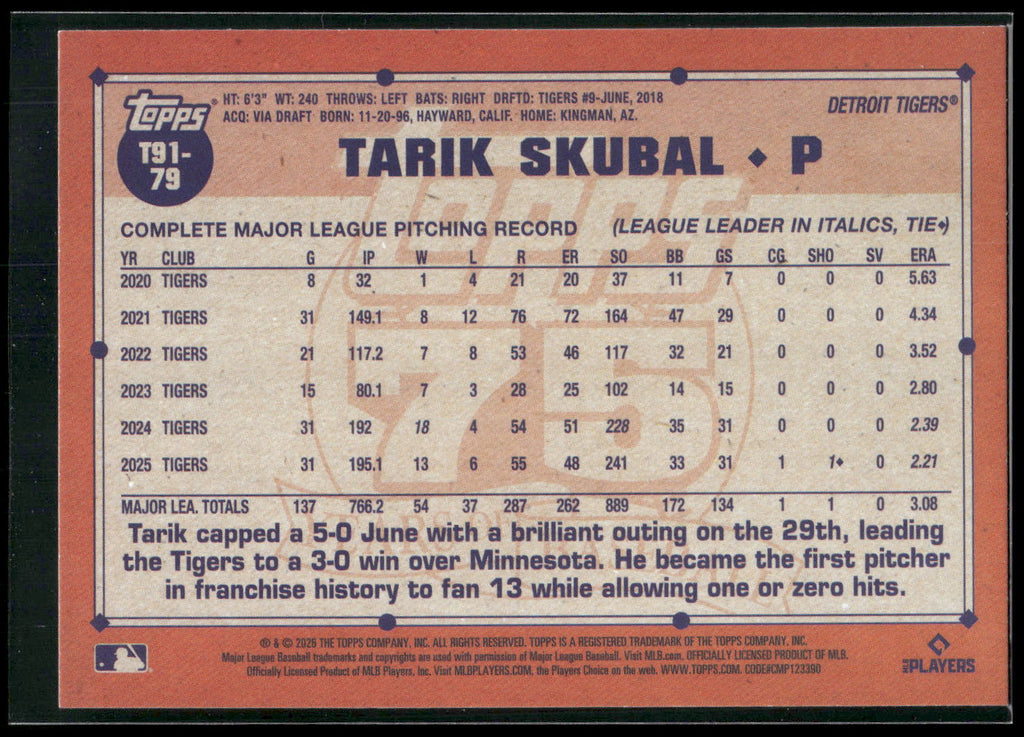 2026 Topps #T91-79 Tarik Skubal 1991 Topps Baseball 35th