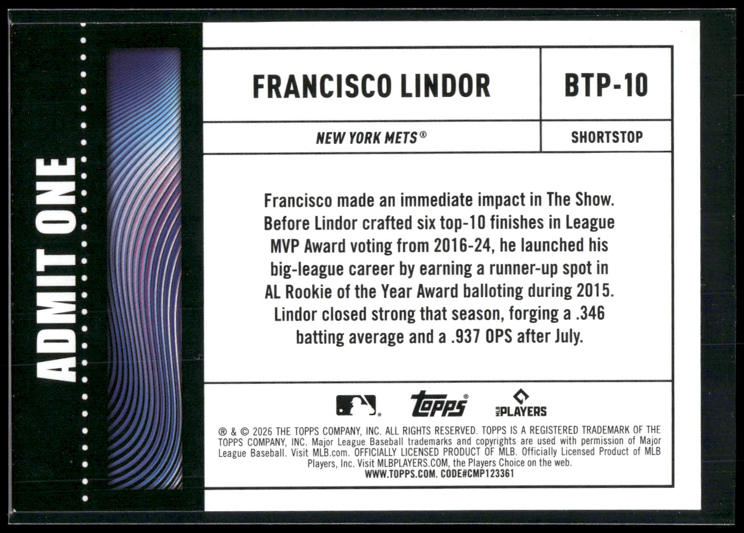 2026 Topps #BTP-10 Francisco Lindor Big Ticket Players