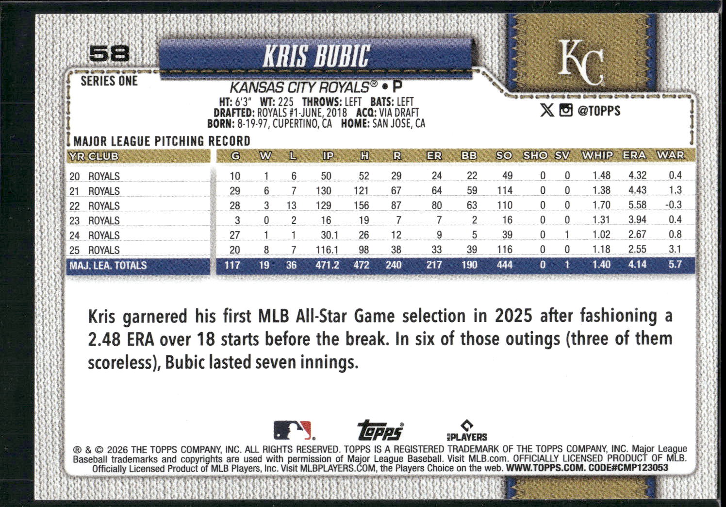 2026 Topps #58 Kris Bubic Rainbow Foil