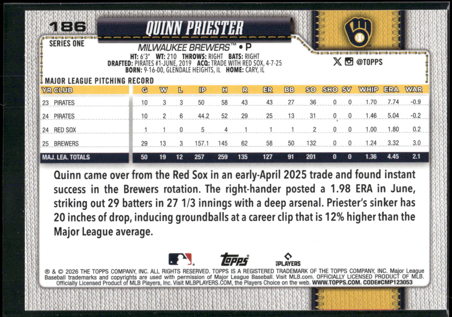 2026 Topps #186 Quinn Priester Rainbow Foil