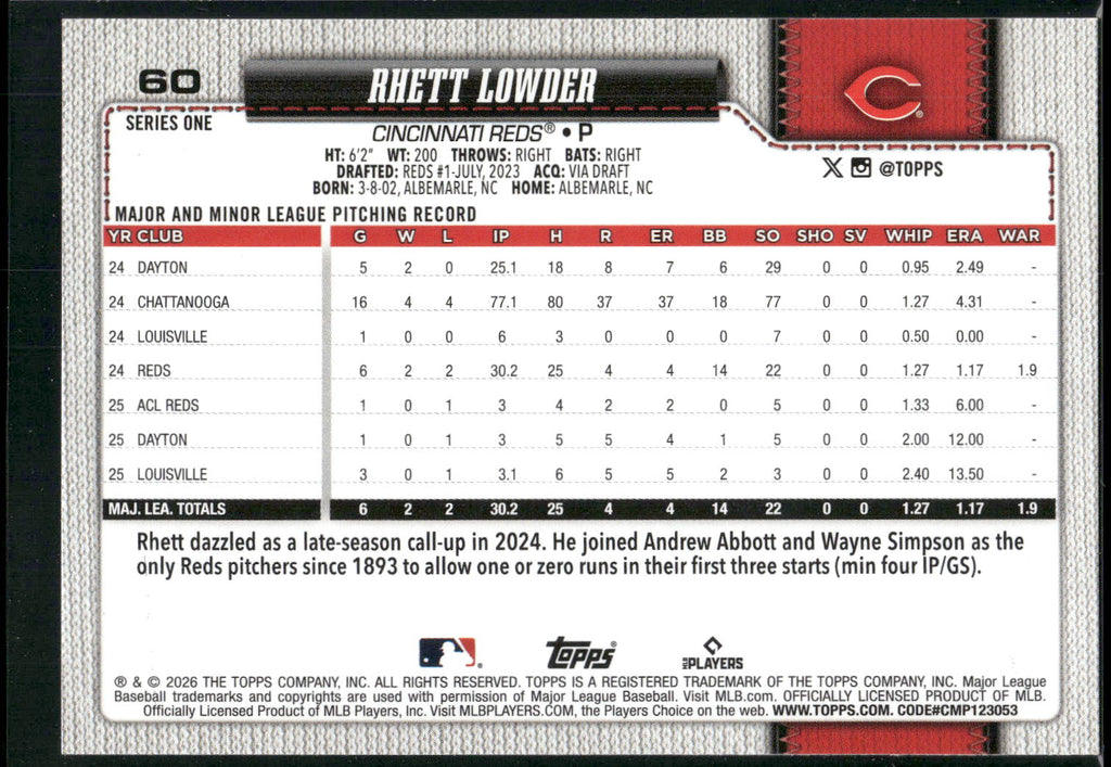 2026 Topps #60 Rhett Lowder Rainbow Foil