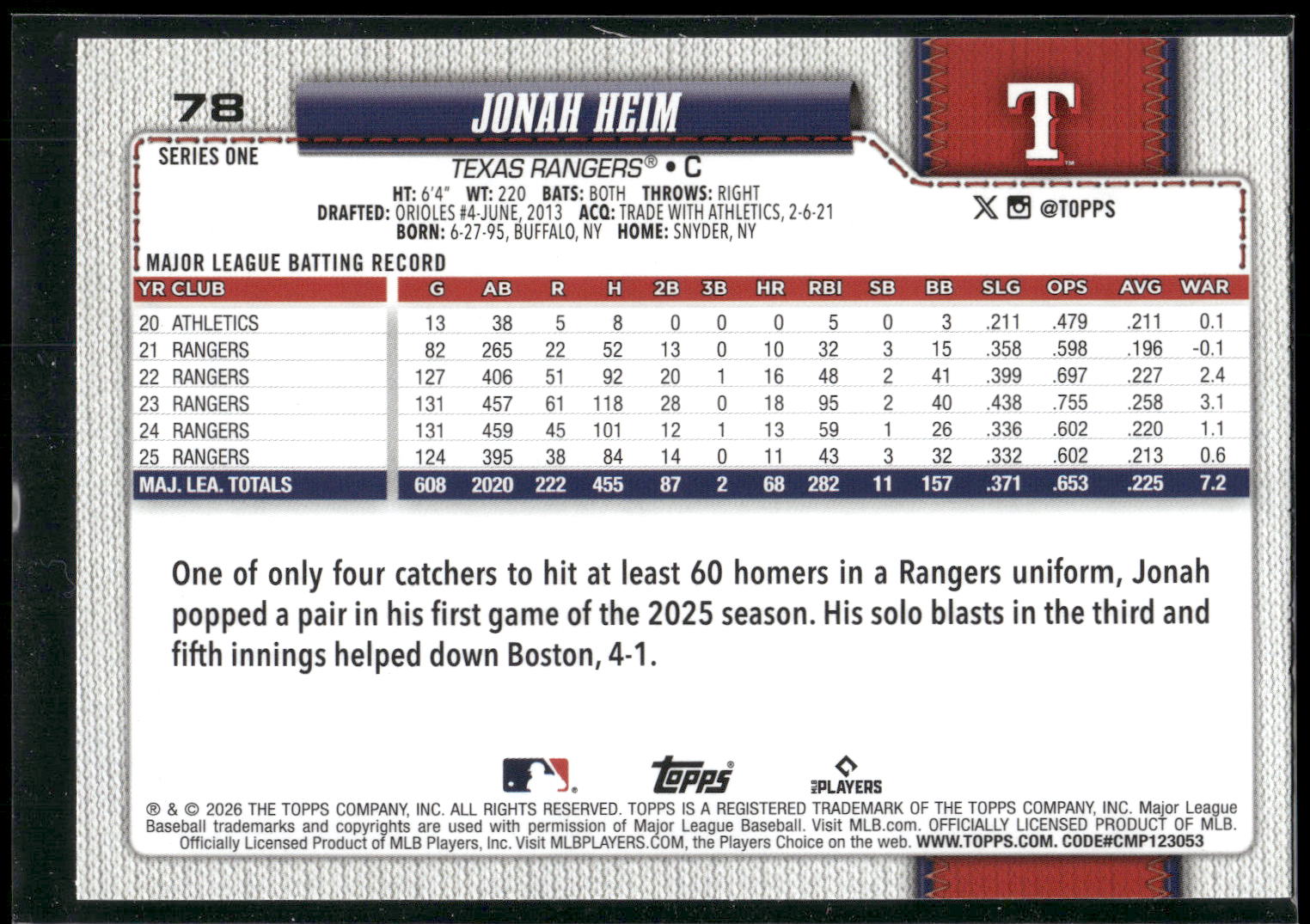 2026 Topps #78 Jonah Heim Rainbow Foil
