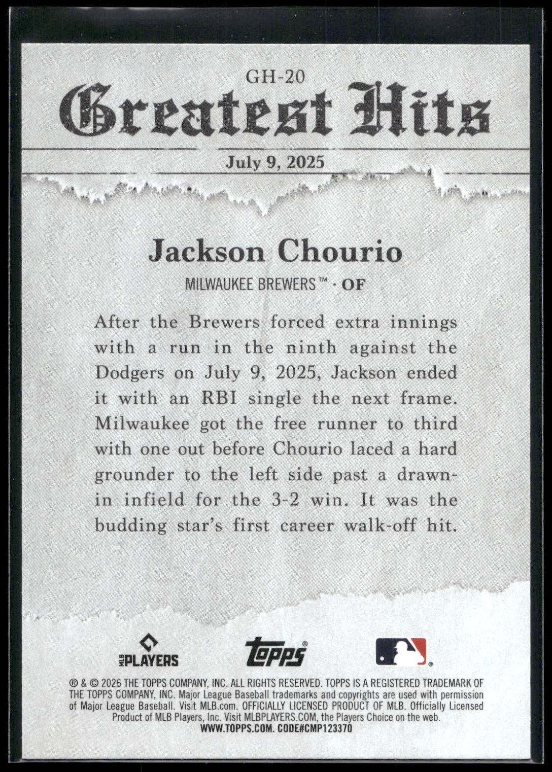 2026 Topps #GH-20 Jackson Chourio 2025 Greatest Hits