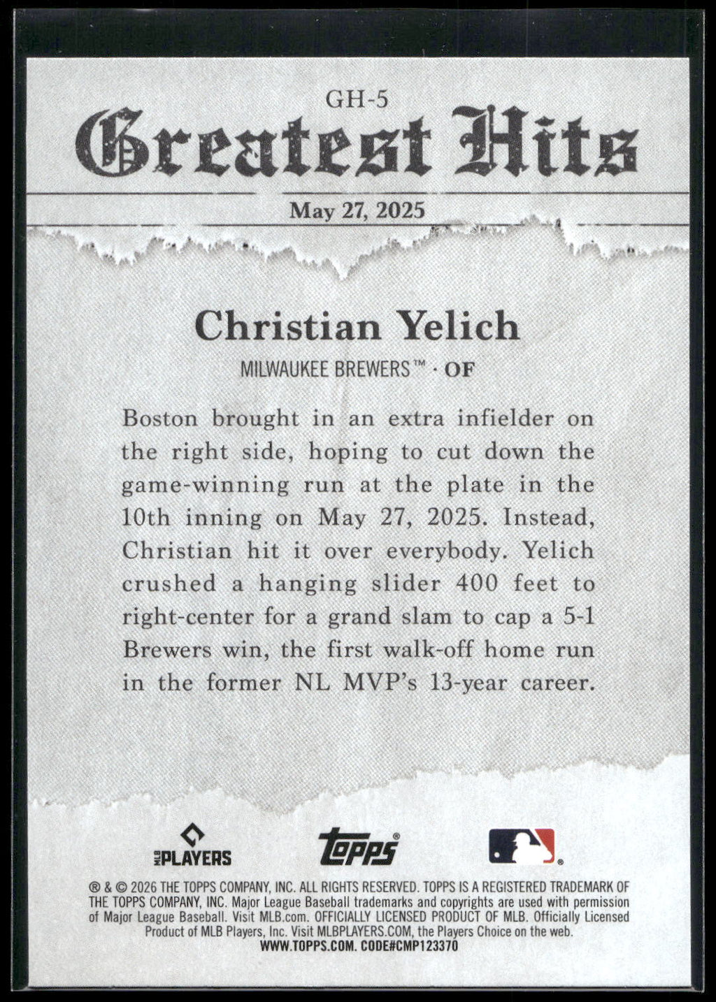 2026 Topps #GH-5 Christian Yelich 2025 Greatest Hits