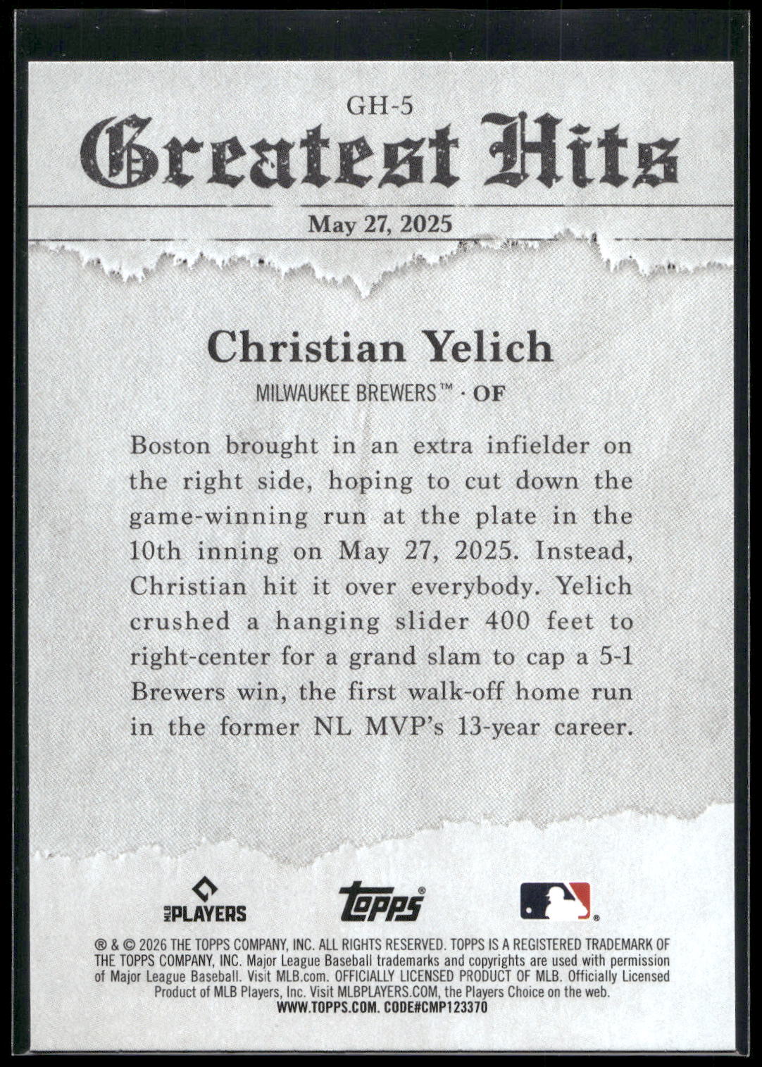 2026 Topps #GH-5 Christian Yelich 2025 Greatest Hits
