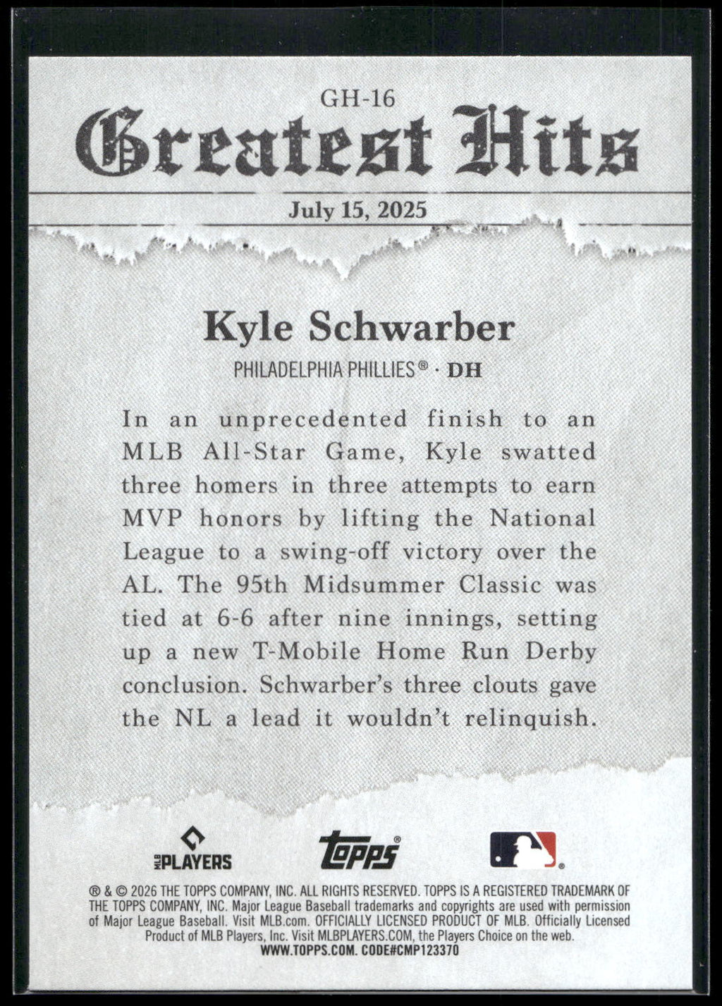 2026 Topps #GH-16 Kyle Schwarber 2025 Greatest Hits