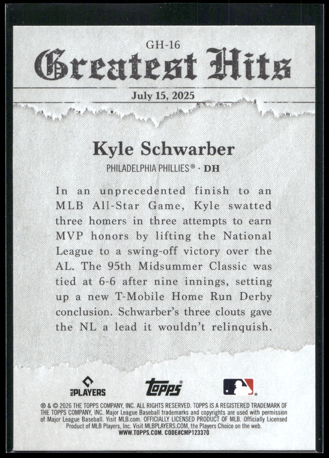 2026 Topps #GH-16 Kyle Schwarber 2025 Greatest Hits