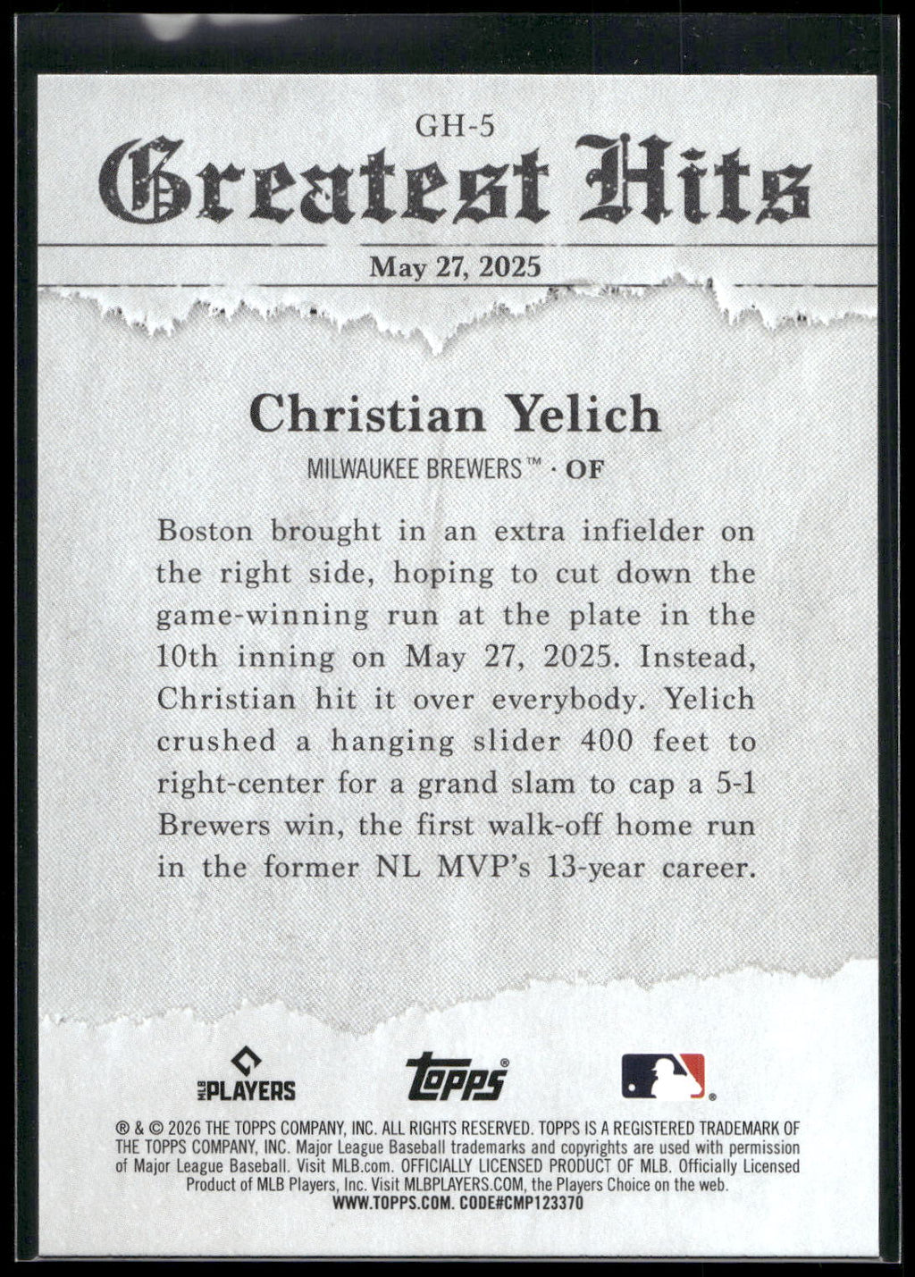 2026 Topps #GH-5 Christian Yelich 2025 Greatest Hits