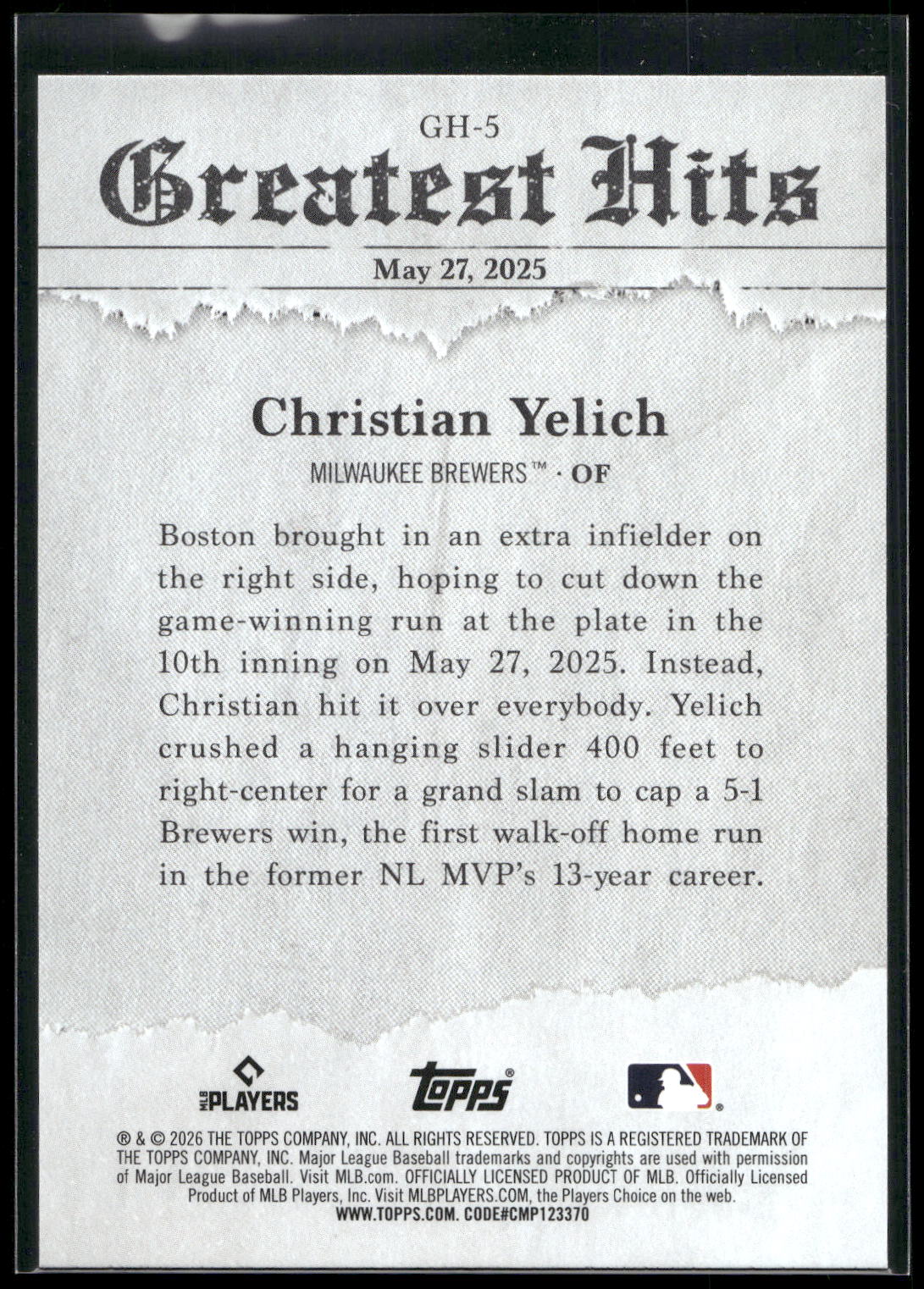 2026 Topps #GH-5 Christian Yelich 2025 Greatest Hits