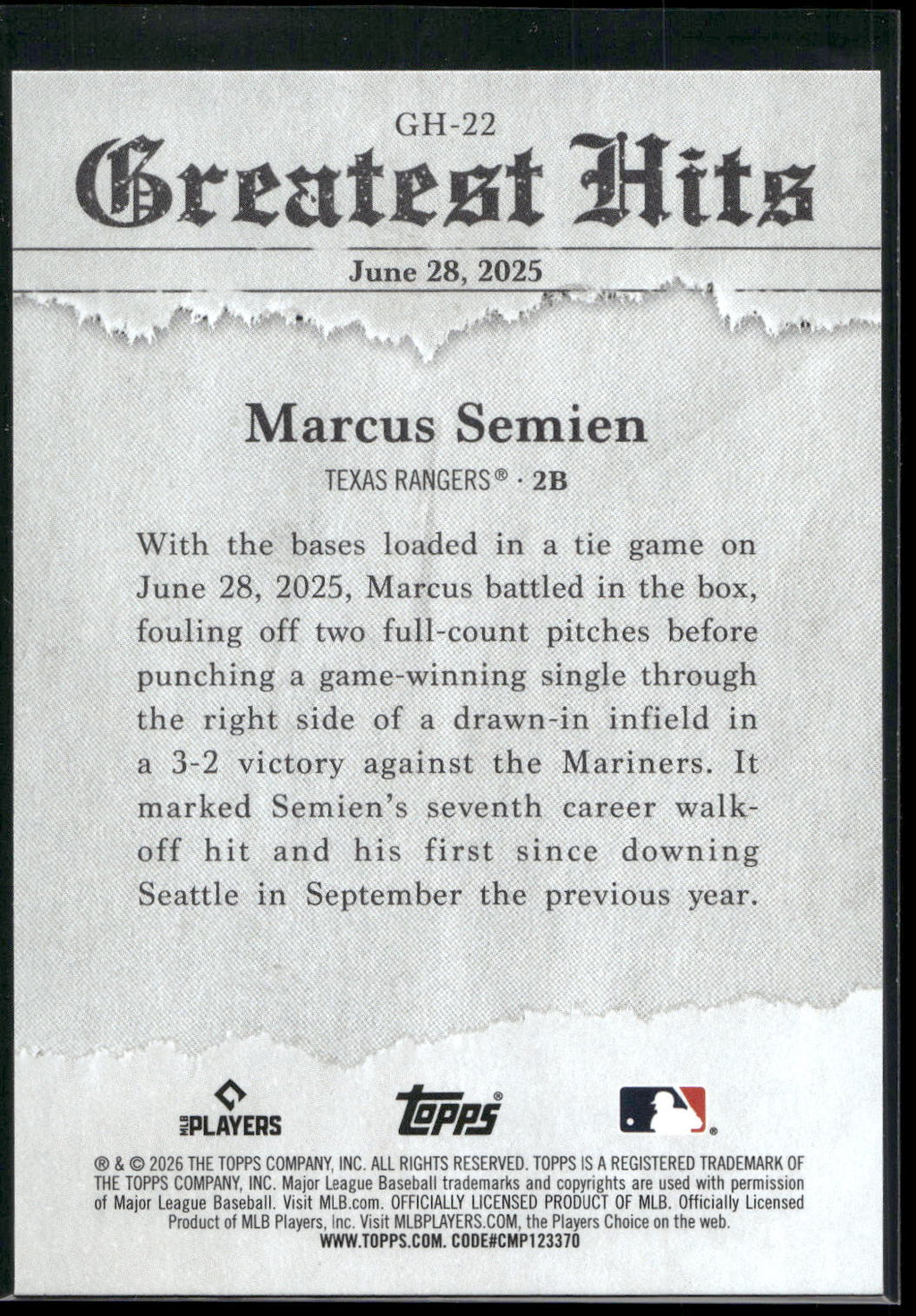 2026 Topps #GH-22 Marcus Semien 2025 Greatest Hits