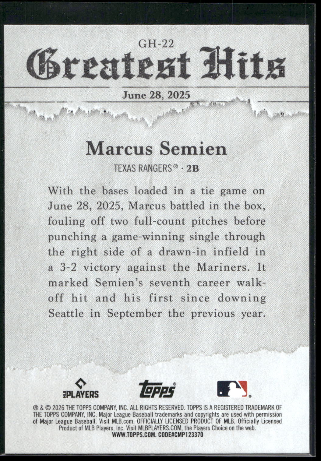 2026 Topps #GH-22 Marcus Semien 2025 Greatest Hits