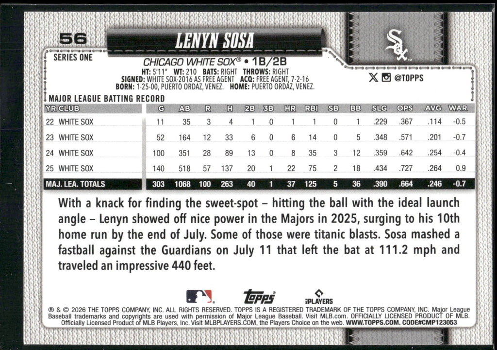 2026 Topps #56 Lenyn Sosa Silver Crackle Foil