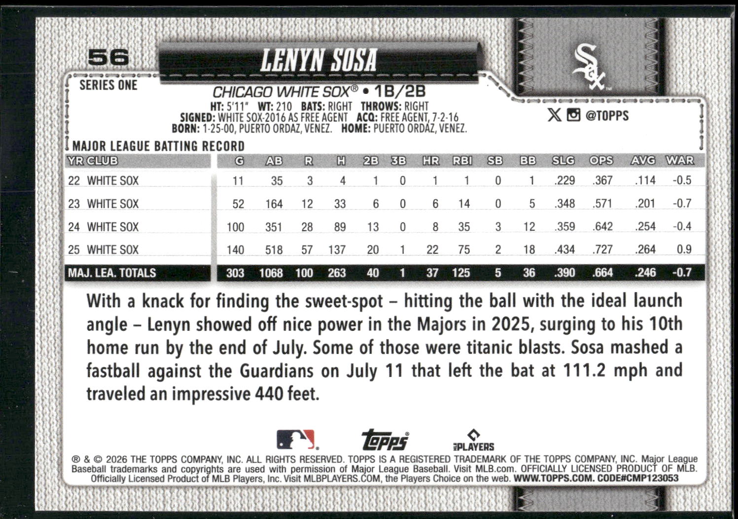 2026 Topps #56 Lenyn Sosa Silver Crackle Foil
