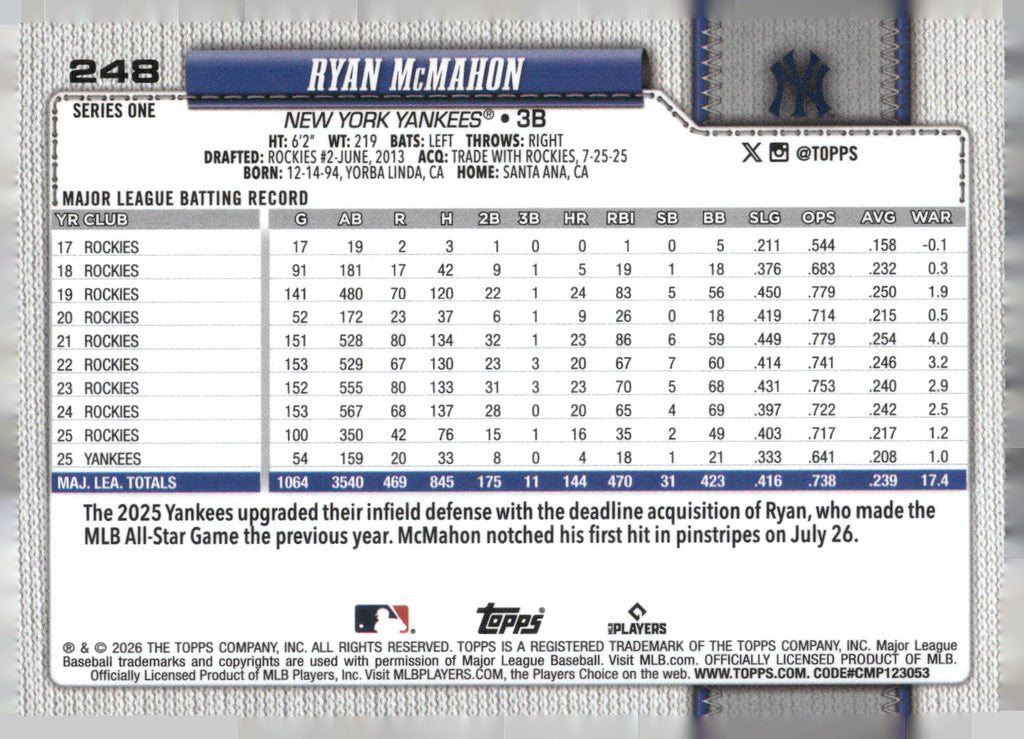 2026 Topps #248 Ryan McMahon Sandglitter