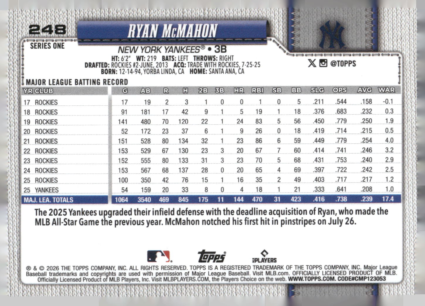 2026 Topps #248 Ryan McMahon Sandglitter
