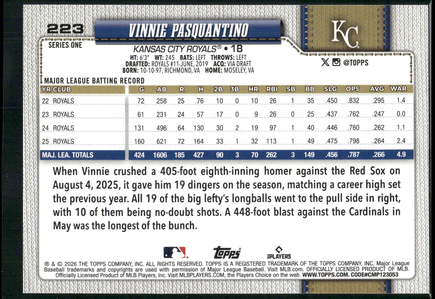 2026 Topps #223 Vinnie Pasquantino Silver Crackle Foil