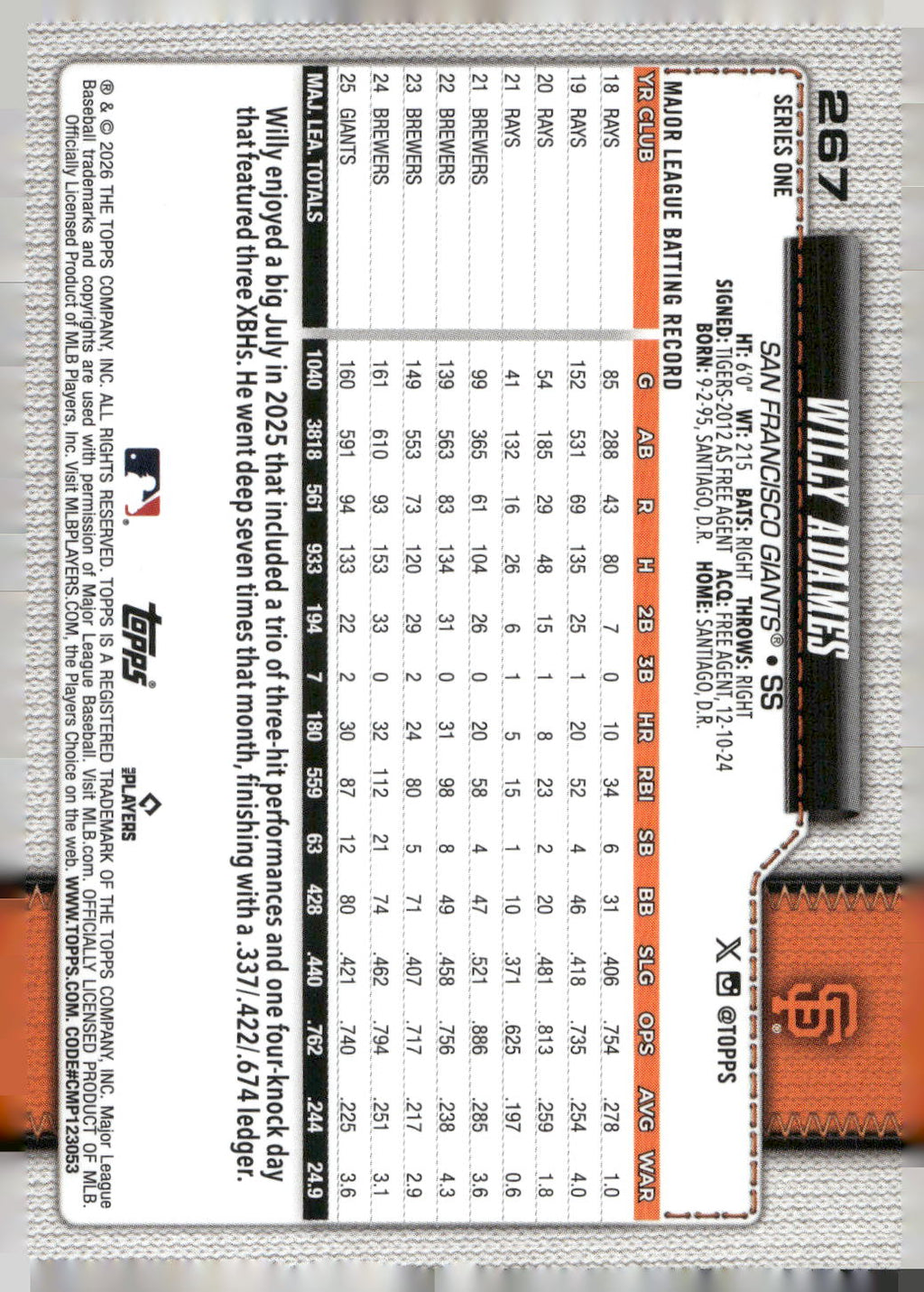 2026 Topps #267 Willy Adames Spring Training