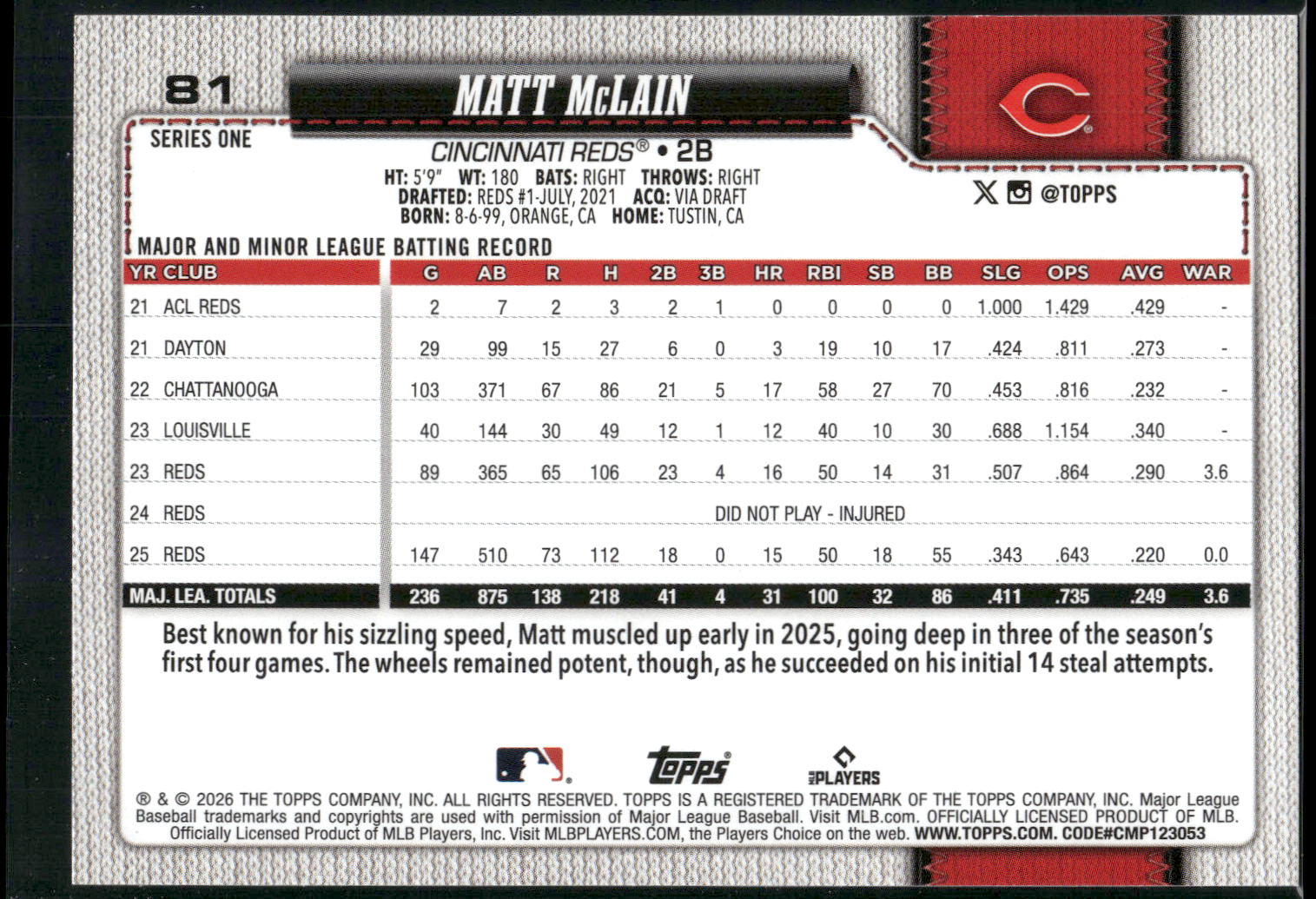 2026 Topps #81 Matt McLain Spring Training