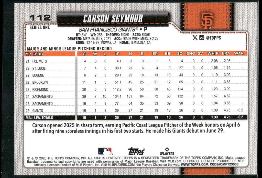 2026 Topps #112 Carson Seymour Spring Training